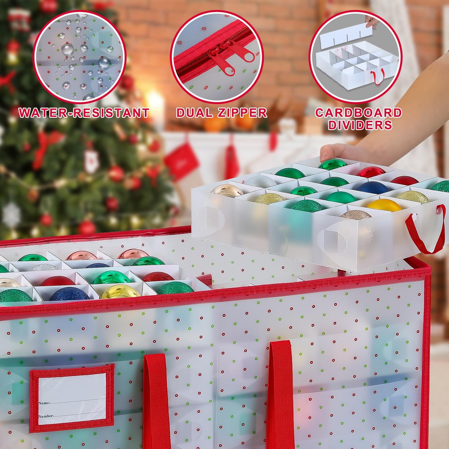 BIEBOS Portable Waterproof Christmas Decoration Ball Storage Box - Stores 128 Ornaments, 3-inch Balls, 8 Independent Layered Trays, Foldable for Easy Access