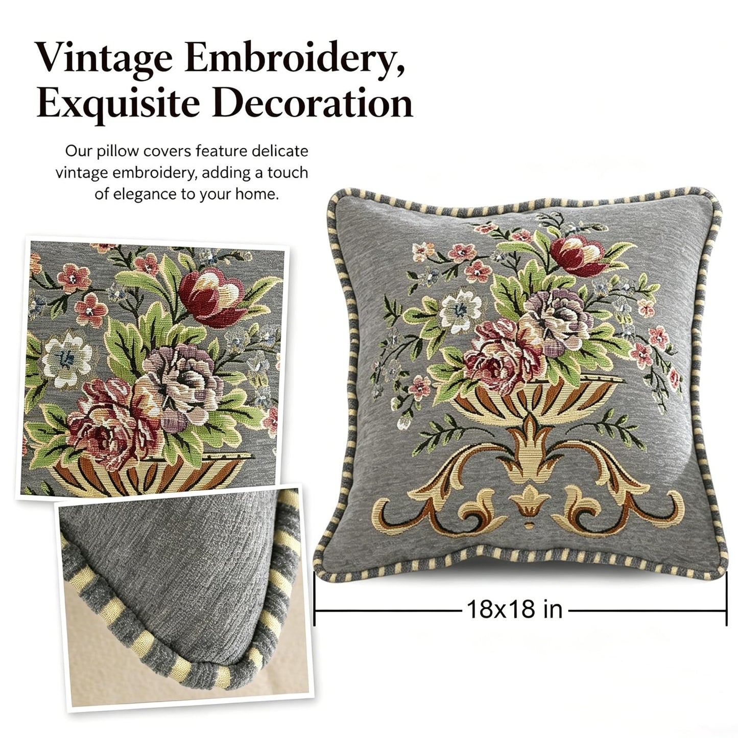 Qupace 2 Pcs Gray Chenille Vintage Embroidered Throw Pillow Covers 18x18in,Grey Tassel Vintage Pattern Pillow Covers, Floral Embroidered Cushions Covers for Sofa Couch Bed Chairs Car