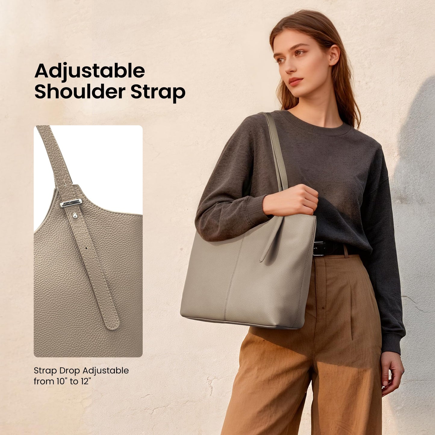 befen Genuine Leather Tote Bags for Women Work, Real Brown Leather Shoulder Handbags Zippered Satchel Purses with Adjustable Strap for Casual Shopping Travel Taupe
