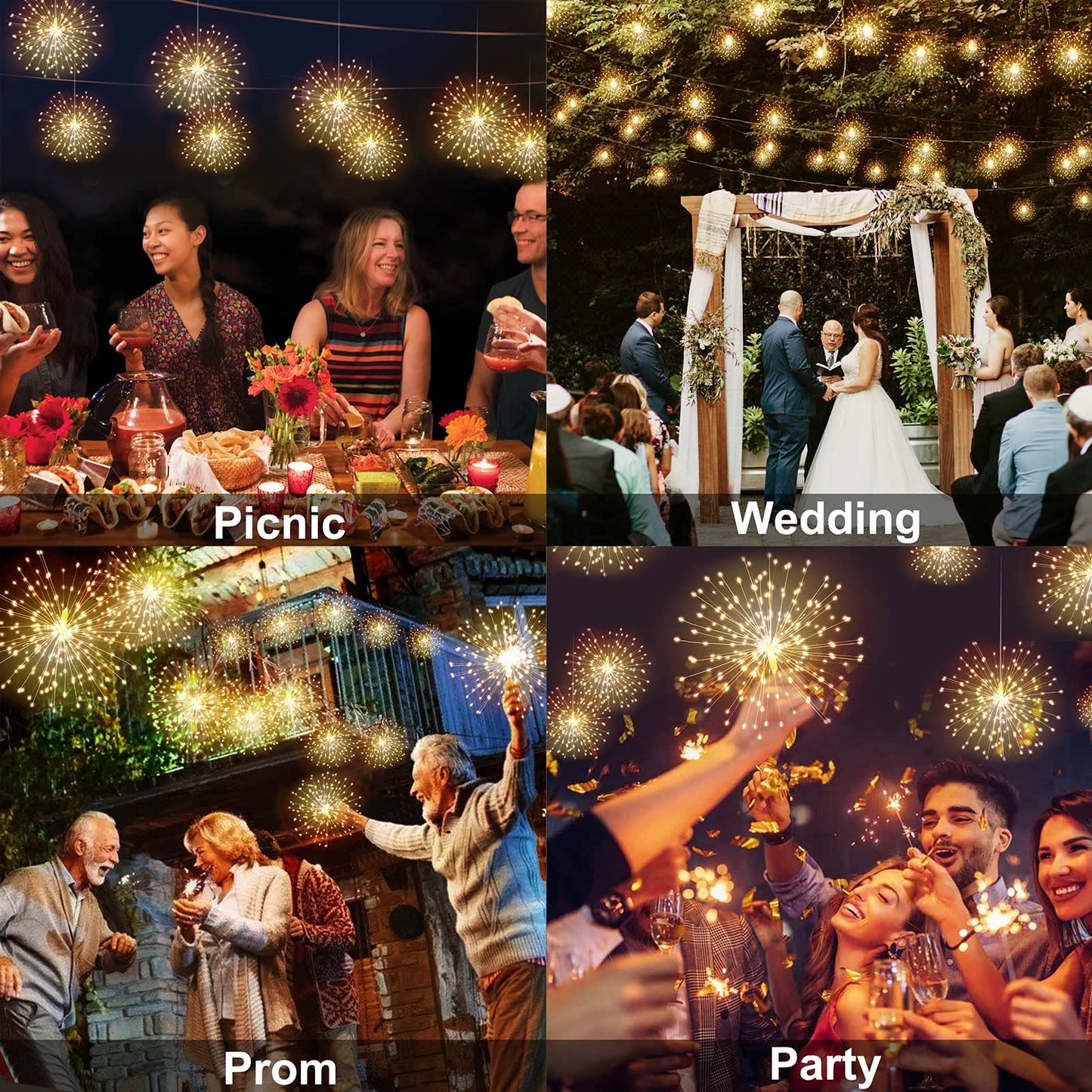 DenicMic Firework Starburst Lights 3200K Warm White 8 Mode LED Battery Operated Chandelier Star Lights with Remote, Hanging Decorations Indoor Outdoor