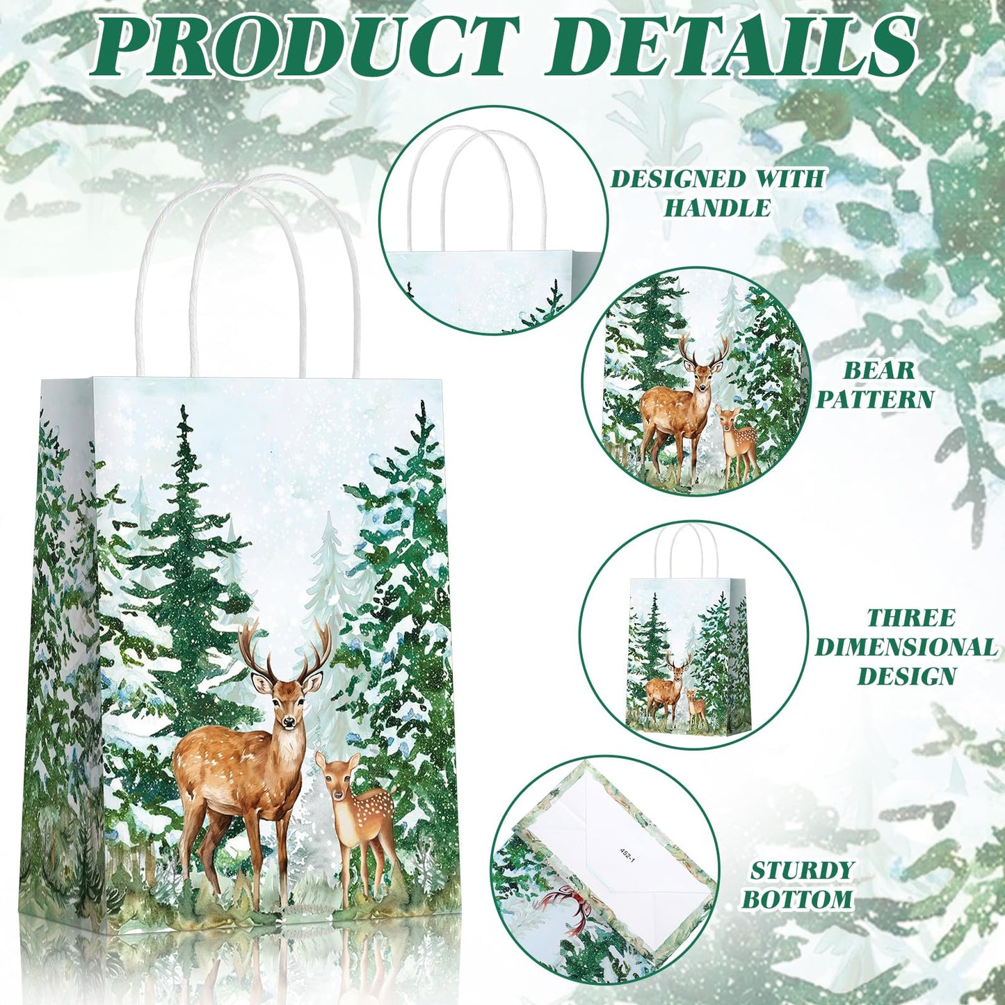 Kolldenn 24 Pcs Christmas Party Favors Bags Christmas Gift Goodie Paper Bags with Handles Reindeer Green Xmas Tree Pine Cones Candy Treat Pouch for Xmas Party Decorations Supplies