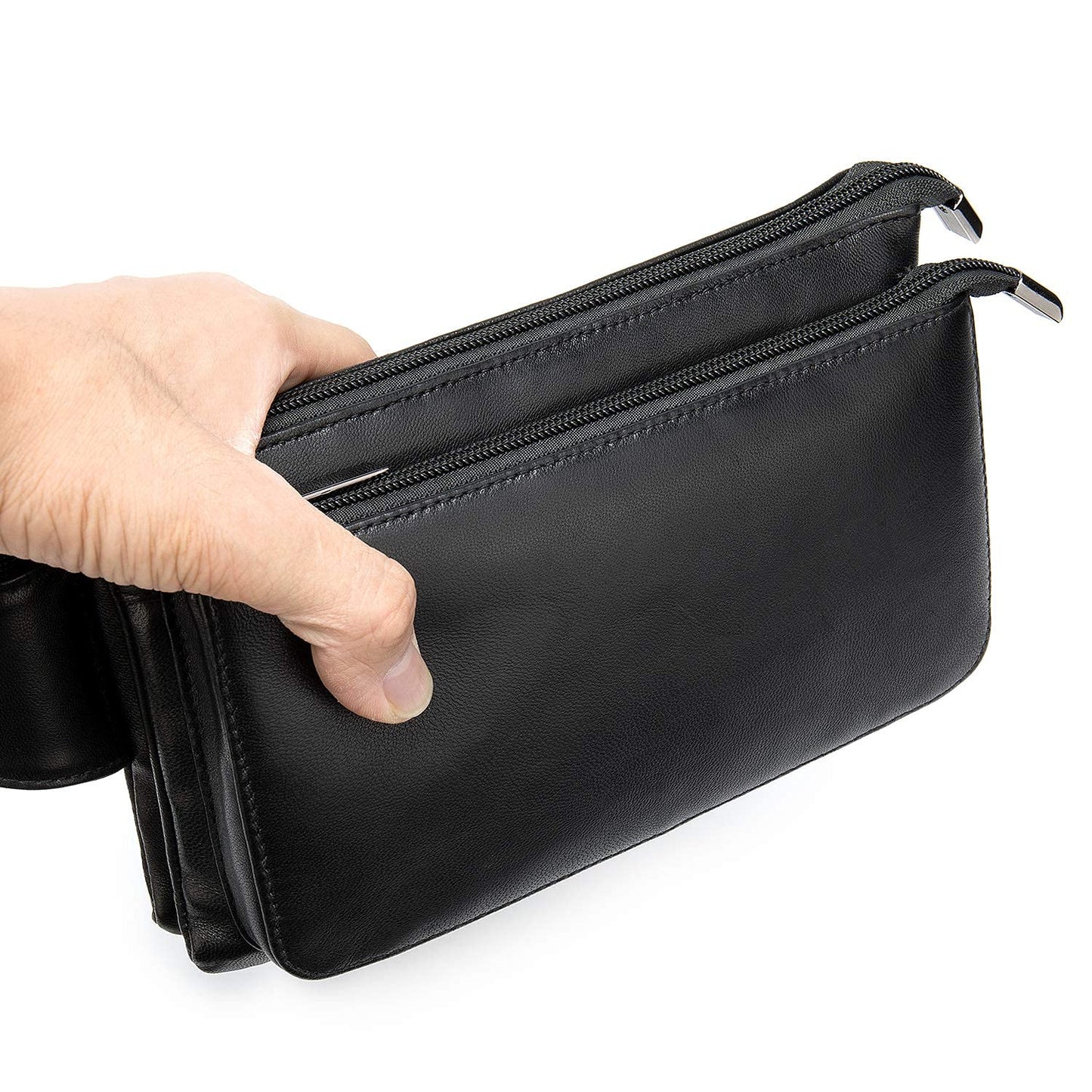 Niucunzh Small Leather Mens Fanny Packs for Women Lightweight Lambskin Leather Waist Bag Sport Men Crossbody Belt Purse Hip bags Hands-Free Bumbag Black