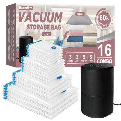 Roomipro Vacuum Storage Bags with Electric Pump, 16 Pack (3 Jumbo/3 Large/5 Medium/5 Small), Space Saver Bags with Pump, Storage Vacuum Sealed Bags for Clothes, Comforters, Blankets, Bedding