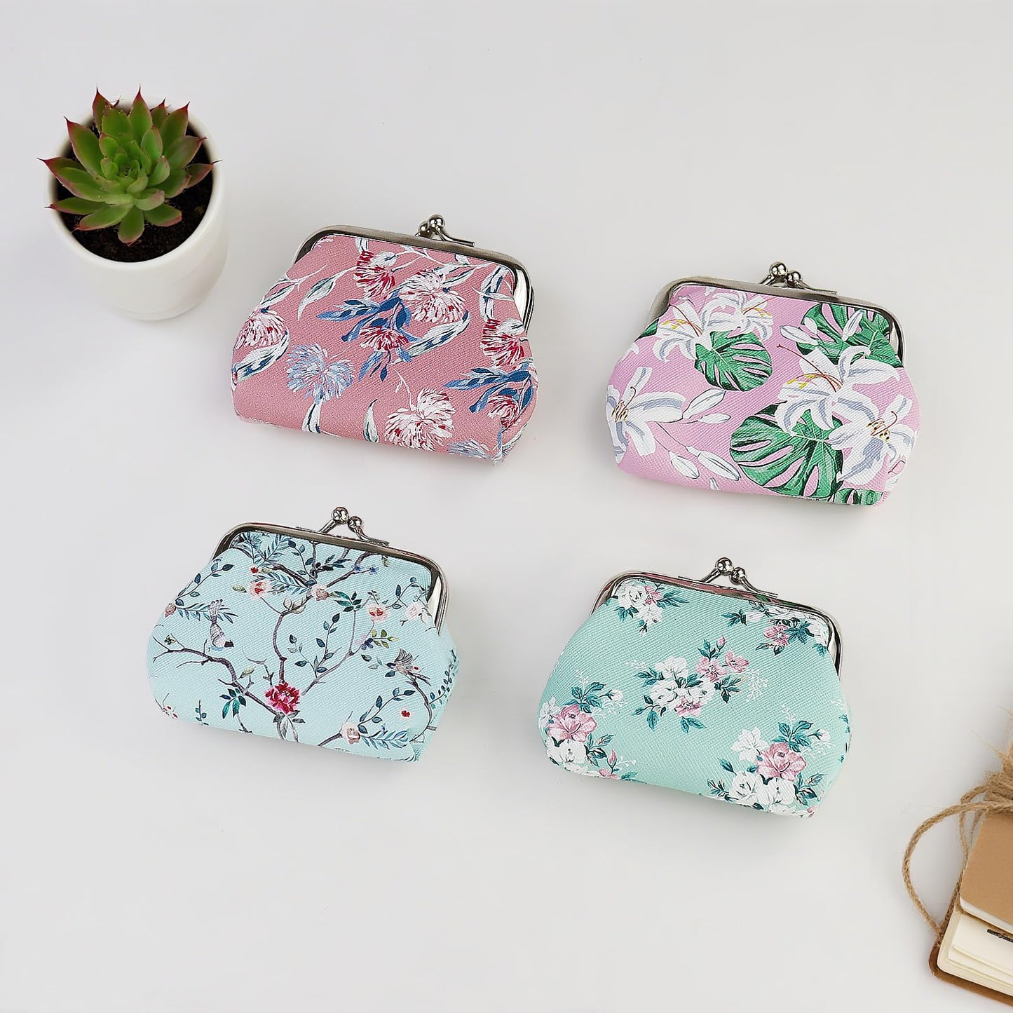 FuninCrea 2 Pcs Faux Leather Coin Purse for Women with Kiss Lock, Floral Pattern Change and Coin Wallet Double Clasp Closure Mini Wallet for Cash Key (Blue+Dark Pink)