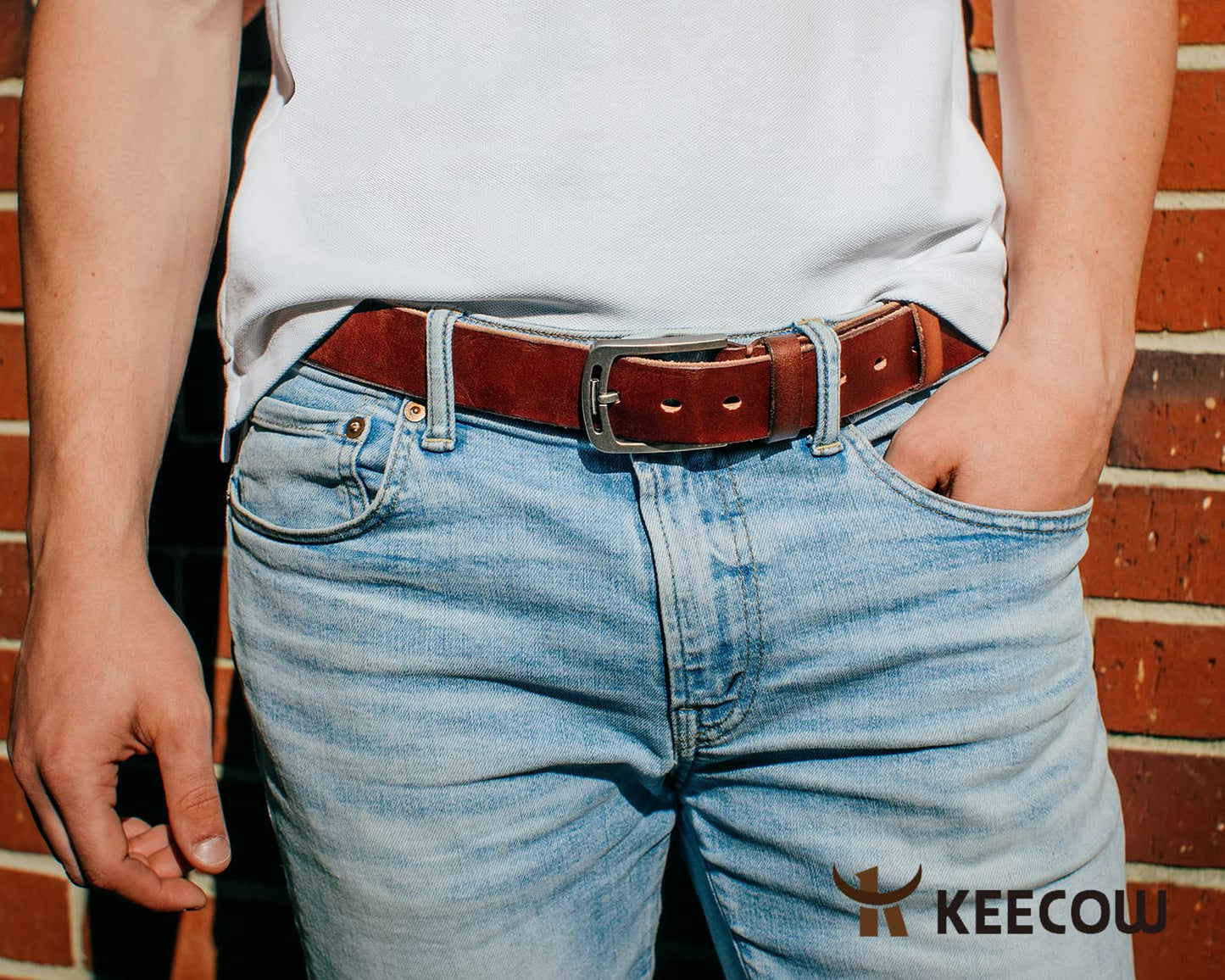 KEECOW Men's 100% Italian Cow Leather Belt Men With Anti-Scratch Buckle,Packed in a Box (1001-brown, 30-33)