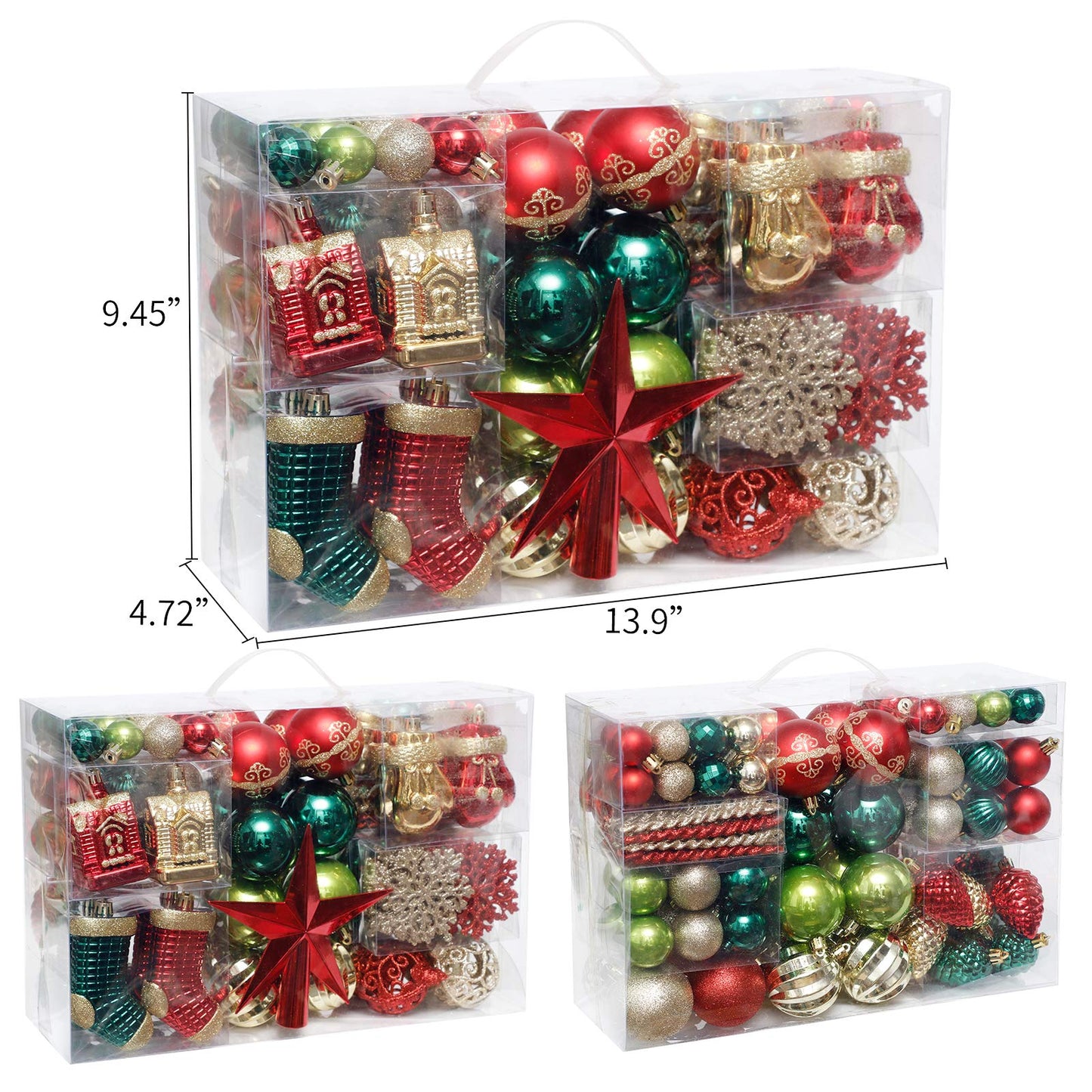 ROSELEAF 132pcs Christmas Tree Decoration Set - Red, Green & Gold Shatterproof Hanging Ornaments - Folk Art Style - Christmas, Wedding, Anniversary