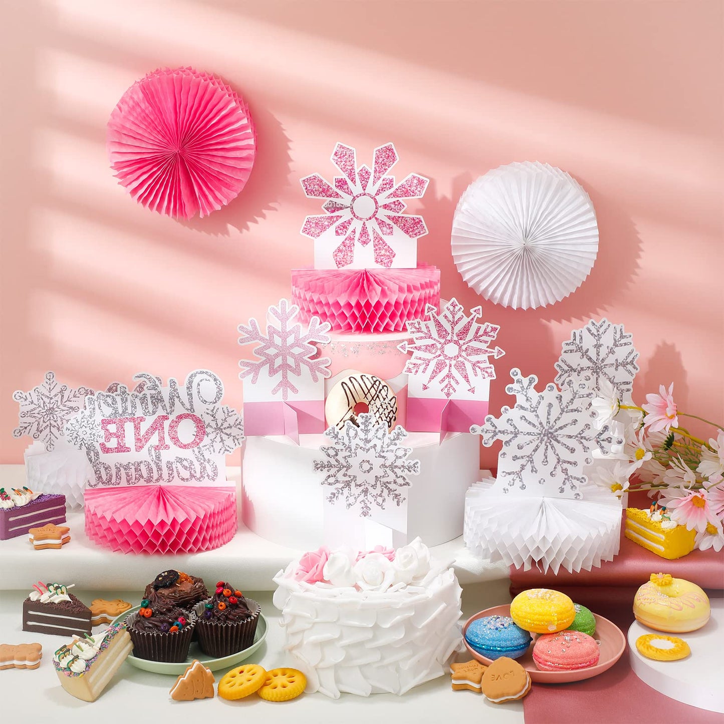 Lincia 12 Pcs Winter Onederland 1st Birthday Decorations Pink Snowflake Honeycomb Wonderland Table Centerpieces for Snowflake Birthday Party Supplies