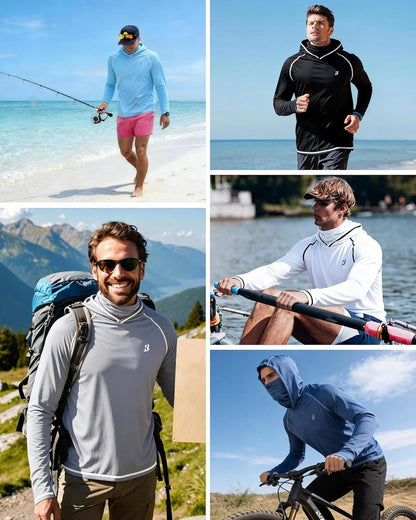 UPF 50+ Fishing Shirts for Men - Long Sleeve UV Sun Hoodie with Mask | Outdoor Rash Guard for Swim, Hike, Run