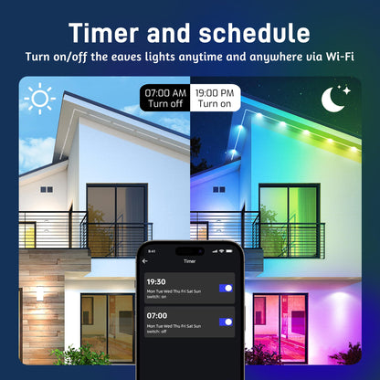 Qeeanmo Permanent Outdoor Lights 100FT RGB+IC Smart String Lights for House, App & Remote Control, Waterproof IP67 LED Eaves Lights, Music Sync, 212 Scene Modes, Outdoor Christmas Patio Roof Decor