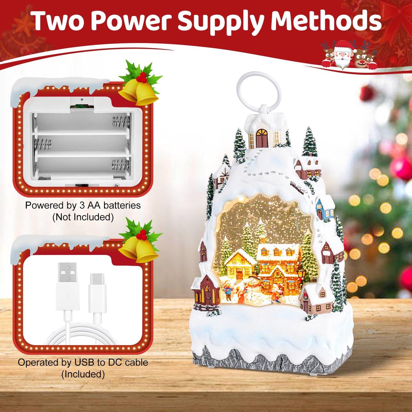 Christmas Snow Globe Lantern with 8 Holiday Music, Christmas Water Snow Globe USB/Battery Powered 6H Timer, Glitter Snowfall Build A Snowman Scene for Family Friends (Build A Snowman)