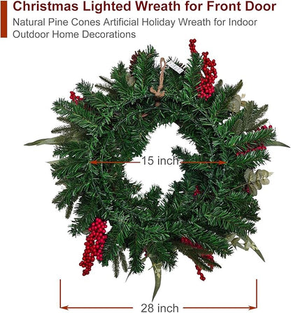 Christmas Lighted Wreath for Front Door, 28 Inches Pre-Lit 35 LED Lights, Natural Pine Cones Artificial Holiday Wreath for Indoor Outdoor Home Decorations