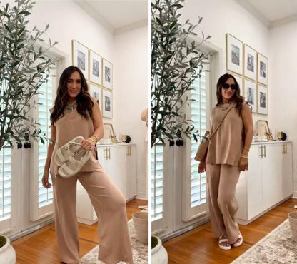 Lviefent Womens 2 Piece Outfits Sweater Set Sleeveless Side Slit Pullover Top Knit Wide Leg Pants Lounge Matching Sets (Khaki-M)