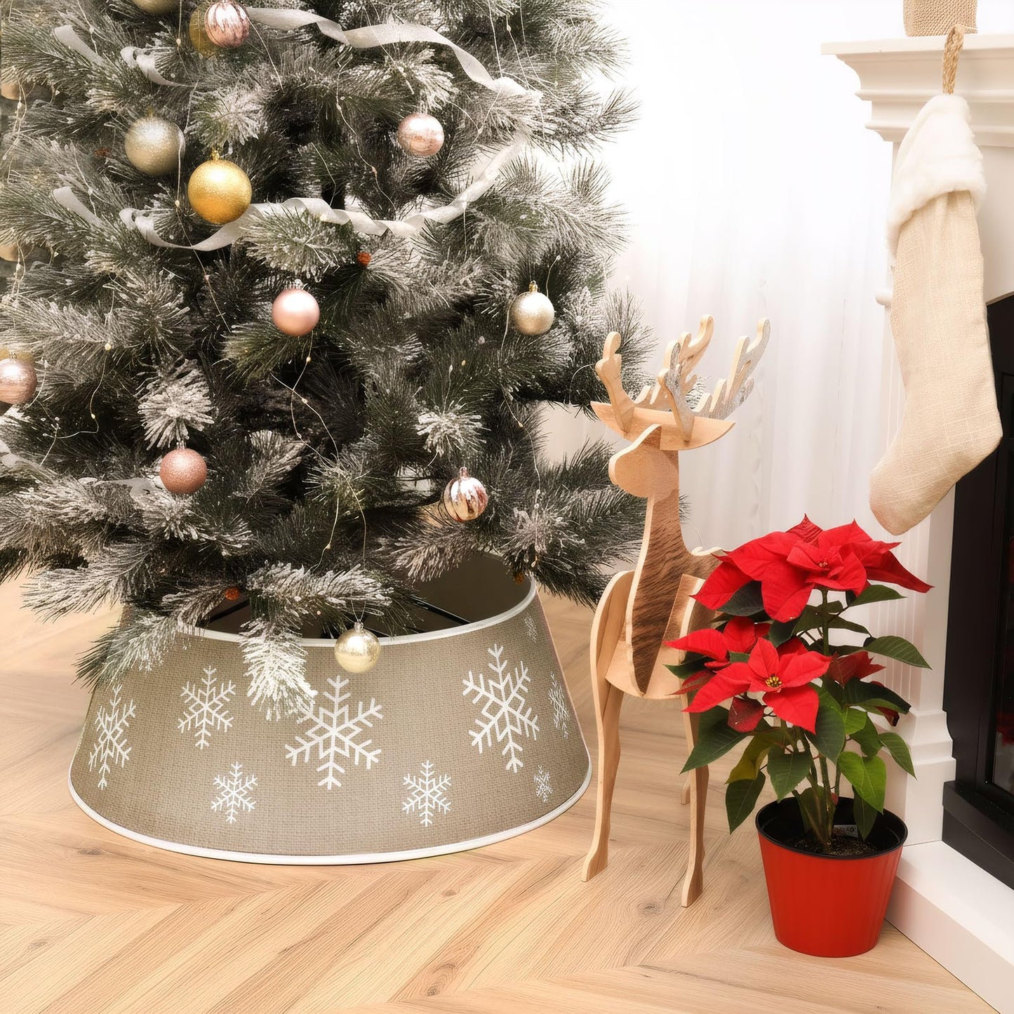 Soulchen Plain Burlap Farmhouse Christmas Tree Collars with Printed Snowflake 28 Inch Natural Burlap Boho Tree Skirt Rustic Collar for Indoor Trees Winter Home Decor (Khaki)