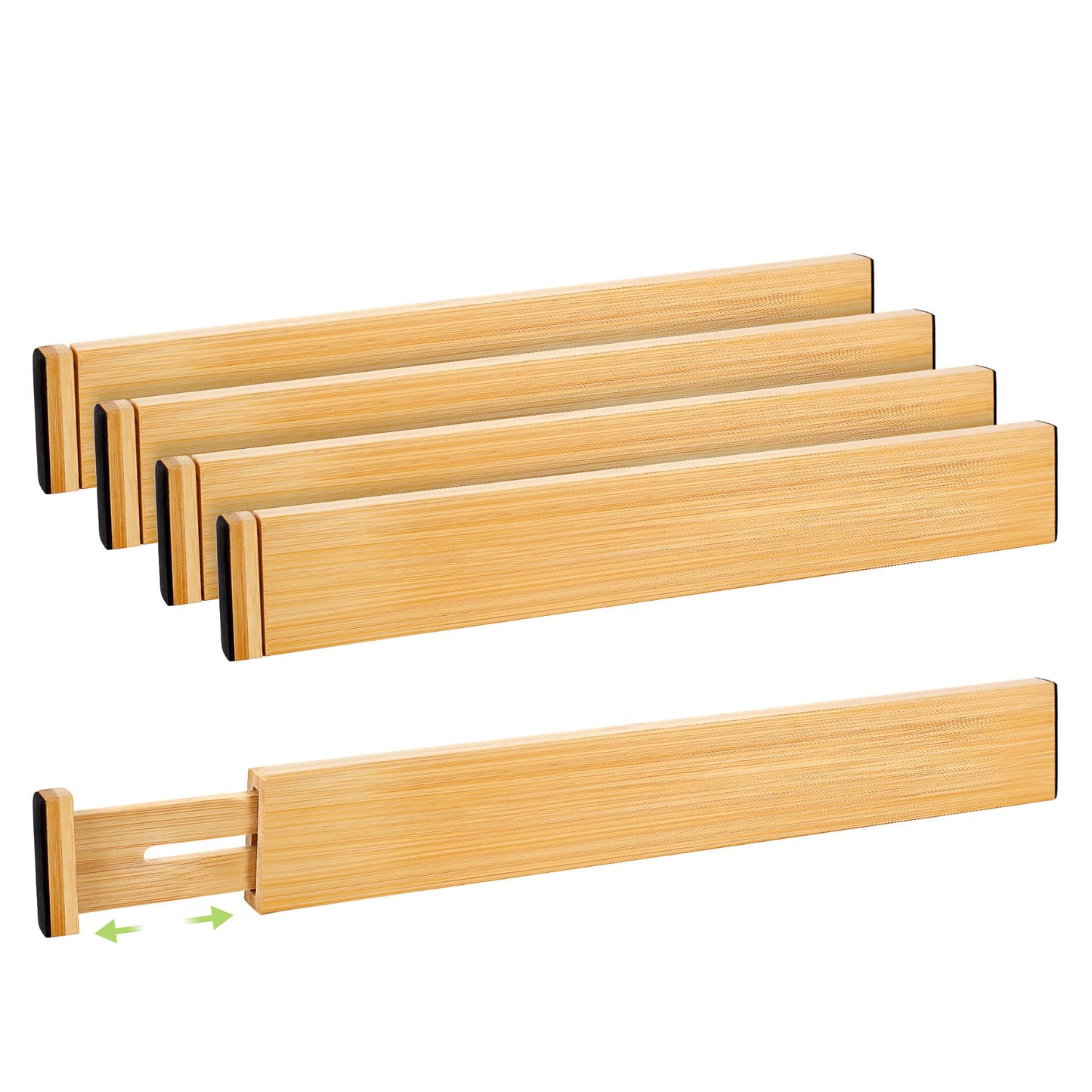 Fyvva Drawer Divider, Adjustable Bamboo Kitchen Drawer Organizer, Spring Loaded Drawer Organizer, Dresser Separators for Kitchen, Bathroom, Clothes, Office Desk Storage (Natural, 4 Pack Large)