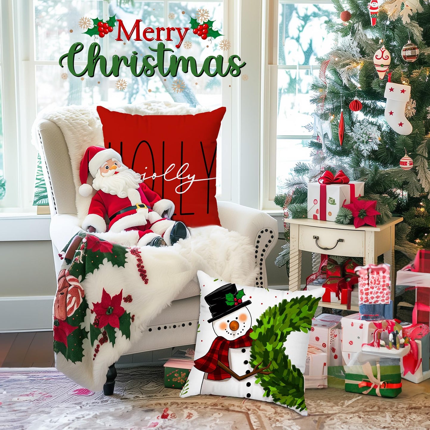 Brightown Red Christmas Pillow Covers 18x18 Set of 4 Christmas Decorations Winter Holiday Decor Throw Cushion Case for Home Couch