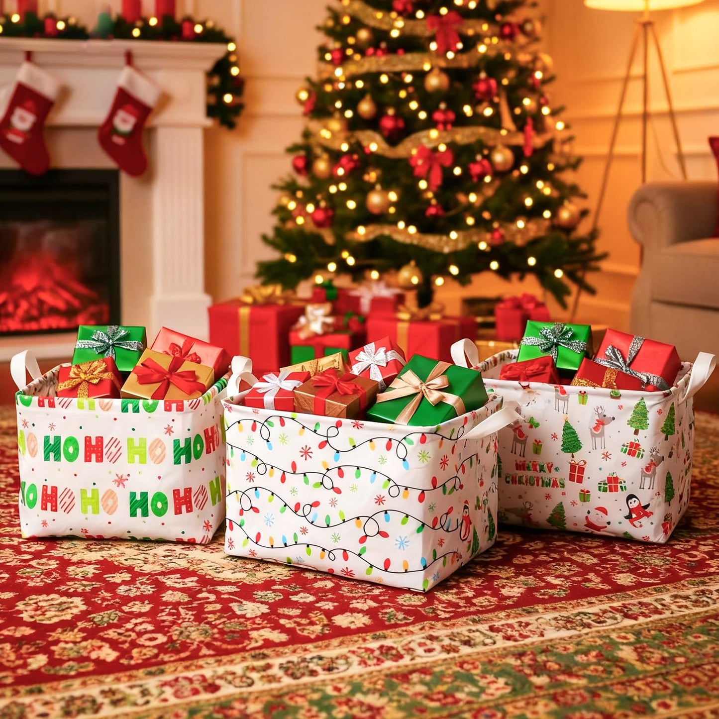 Maxcheck 6 Pcs Large Christmas Basket for Gifts Empty Foldable Xmas Gift Basket Rectangle Christmas Fabric Present Storage Boxes Bin Fabric Cubes Containers Boxes with Handles for Present Cloth Toy