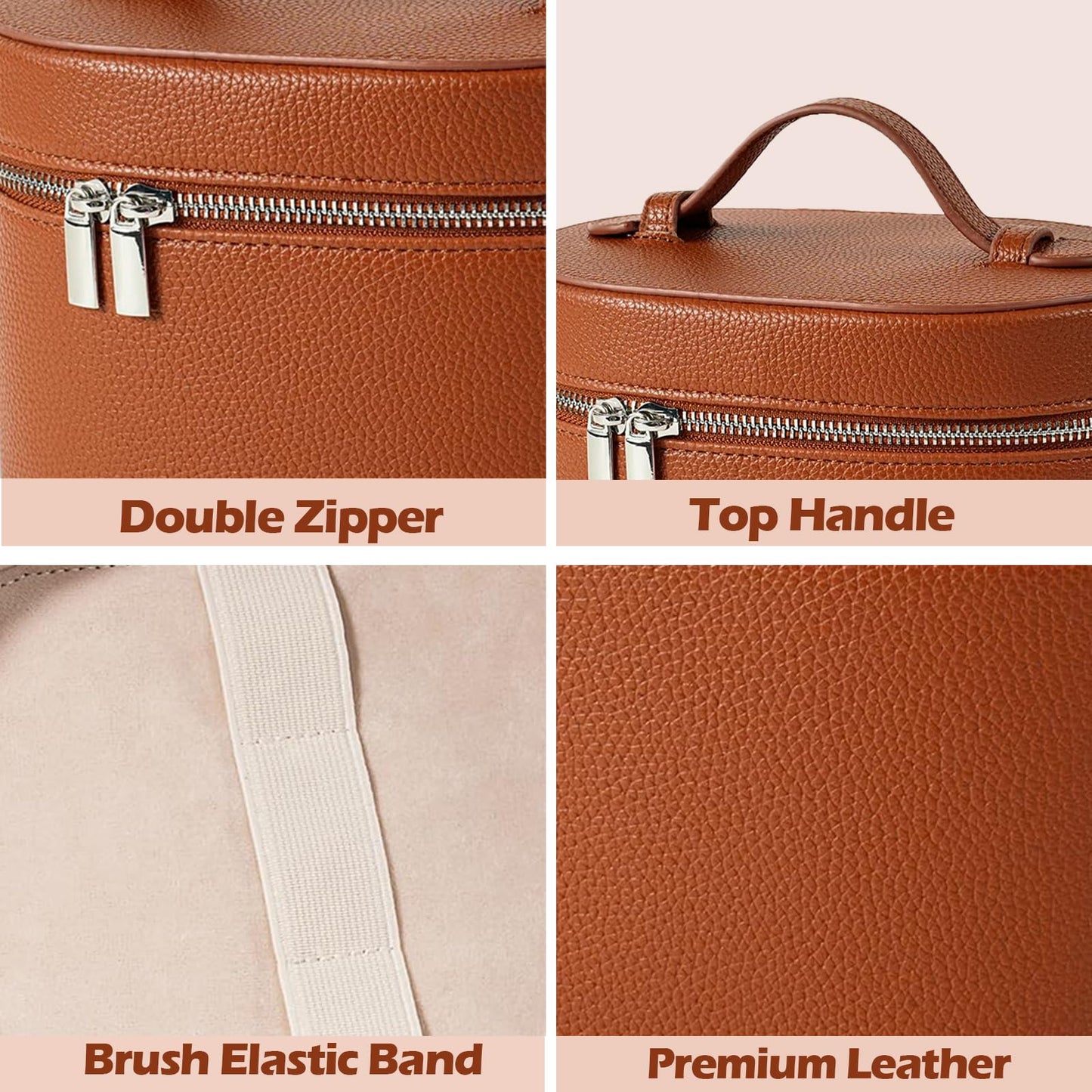 JOVOLIFE Makeup Case, Large Capacity Leather Makeup Bag with Removable Washable Compartment, Portable Waterproof Leather Cosmetic Case, Multi-functional Travel Organizer, Brown