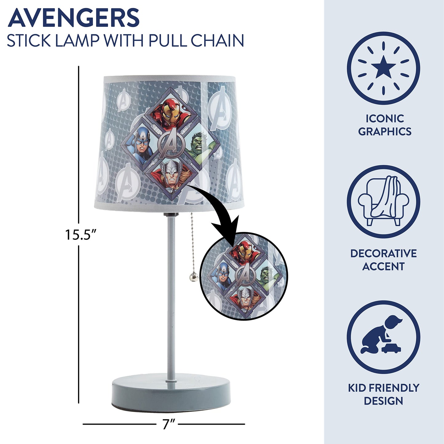 Avengers Stick Table Kids Lamp with Pull Chain, Themed Printed Decorative Shade,Metal