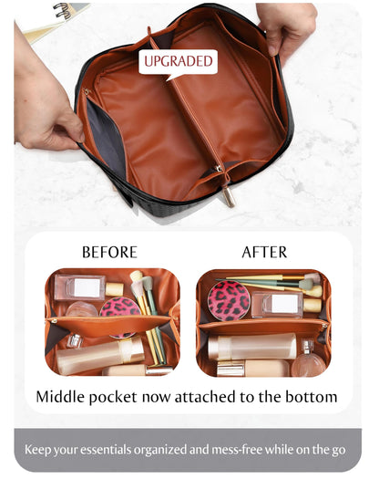 Large Capacity Travel Cosmetic Bag - PU Leather Makeup Organizer Bag Portable Woven Makeup Bags for Women Waterproof Travel Toiletry Bag with Divider Pouch, Black