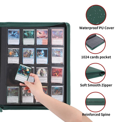 Snekdy premium 1024-pocket trading card binder, 16-pocket cards album, waterproof PU-leather Cover album with side loading, holds gaming, baseball, basketball & sports cards Green