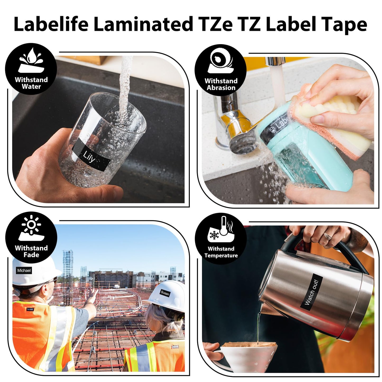 Labelife Label Maker Tape Black Replacement for Brother TZe-335 TZe335 P Touch Label Tape White on Black TZe TZ 12mm 0.47 Laminated for Brother PT-D210 PT-D220 PT-H110 PT-D400 PT-D600, 4-Pack