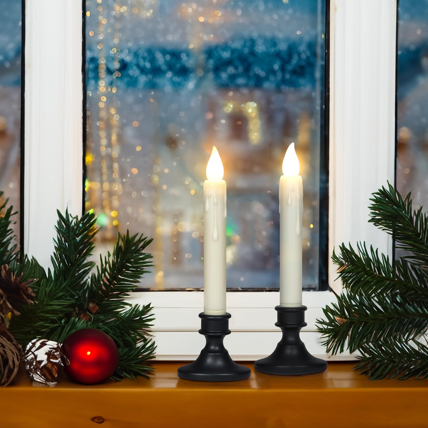 yunsheng 8.6Inches LED Window Candles Dusk to Dawn Light Sensor Timer, 6PCS Battery Operated Flameless Taper Candles with Drip Texture, Suction Cups and Removable Black Base, Christmas Home Decor