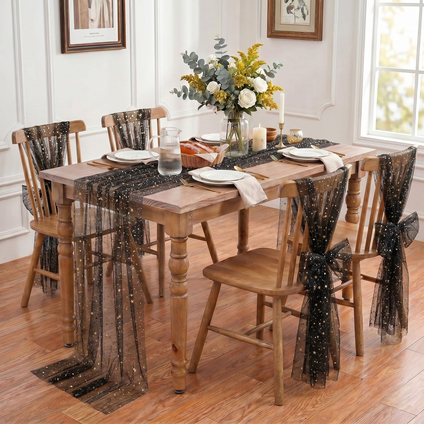 Black Gold Gauze Table Runner Centerpieces: Sparkling Gold Star 10ft Rectangular 3pcs Sequin Metallic Foil Sheer Tulle Cheesecloth for Seasonal Wedding Baby Shower Party
