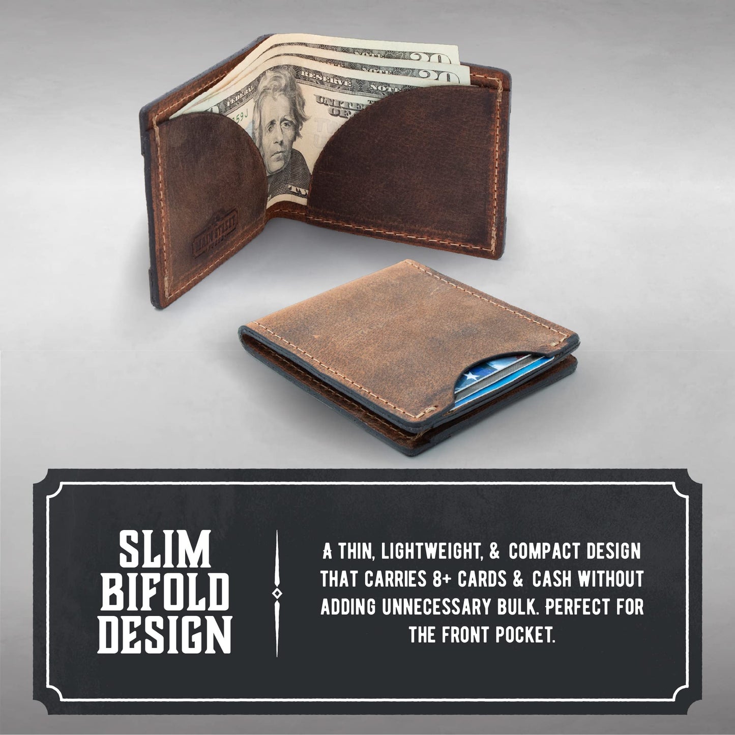 Front Pocket Slim Bifold Wallet for Men | Made in USA | Premium Full Grain Leather Men’s Wallet with Minimalist Design Tobacco Snakebite Brown