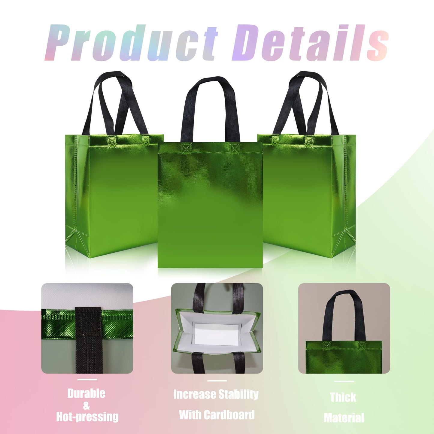 cabzymx Glossy Small Gift Bags 18 pcs, Light Green Non-woven Christmas Treat Bags, 7.9 x 3.9 x 9.8 In Reusable Goodie Bags Bulk with Sturdy Base for Birthday, Wedding, Easter, Thanksgiving, Holiday
