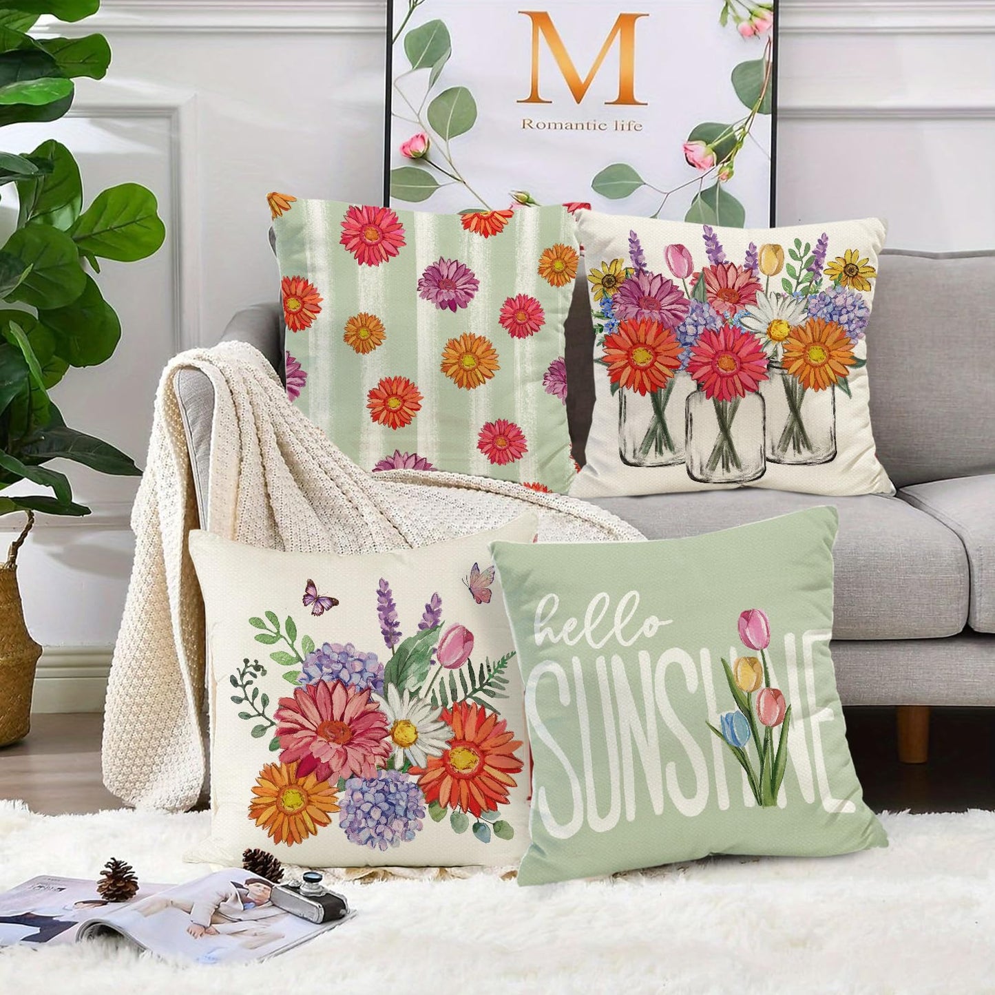 Tikeciti Spring Summer Vibrant Daisies Pillow Covers Blooming Wildflower Vase 18 x 18 Inch Throw Pillows, Hello Sunshine Seasonal Decorative Farmhouse Cushion Case for Sofa Couch Set of 4