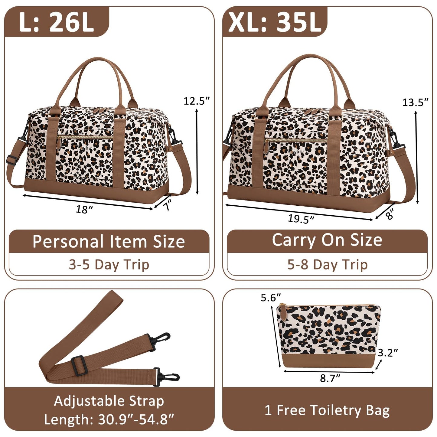 ELONGRIVER Travel Duffle Bag for Women, Weekender Bags, Hospital Bag for Labor Delivery, Lightweight Tote Duffel Overnight Bag with Luggage Sleeve, Airplane Travel Bags with Toiletry Bag,Large,Leopard