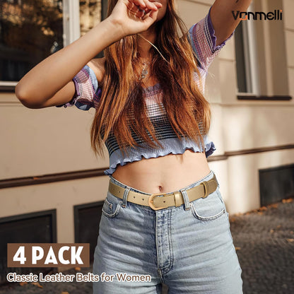 VONMELLI 4 Pack Womens Thin Leather Belt Skinny Waist Belts for Women Fashion Jeans Dress with Gold Buckle, Black Brown Beige Gold, XS