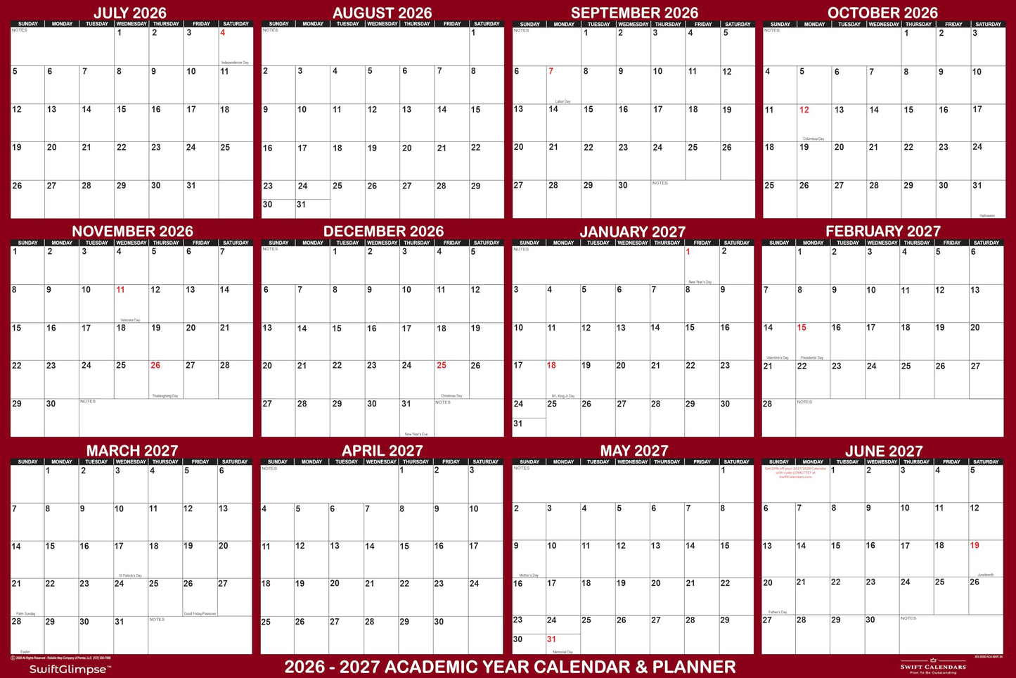 32" x 48" SwiftGlimpse 2026-2027 Academic Wall Calendar Dry Erase Erasable, XLarge, Wet & Dry Erase Laminated, Yearly Planner, JULY 2026 to JUNE 2027 ONLY