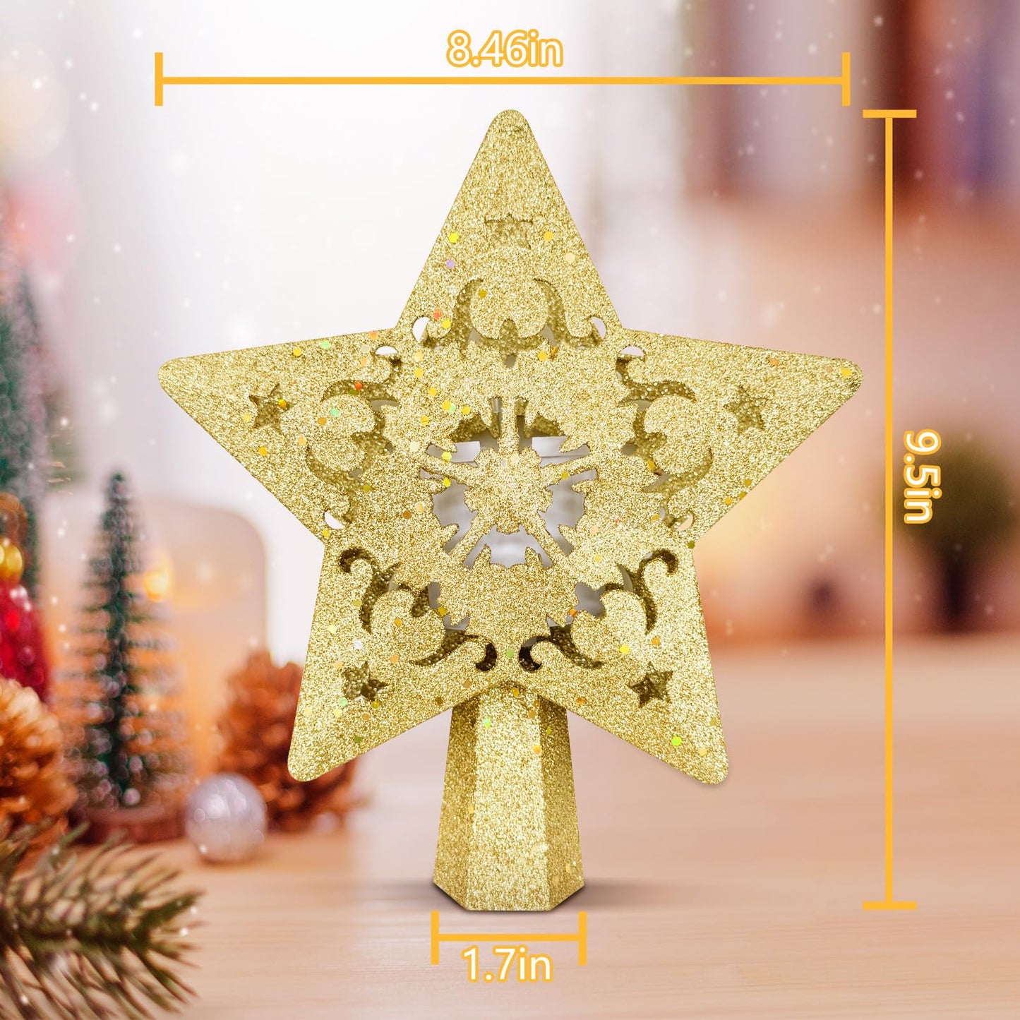 Christmas Star Tree Topper with Rotating LED Projector Lights, 3D Gold Glitter 5-Point Star, Plug-in Tree Top Ornament for Indoor Christmas Tree Decorations Holiday Decor