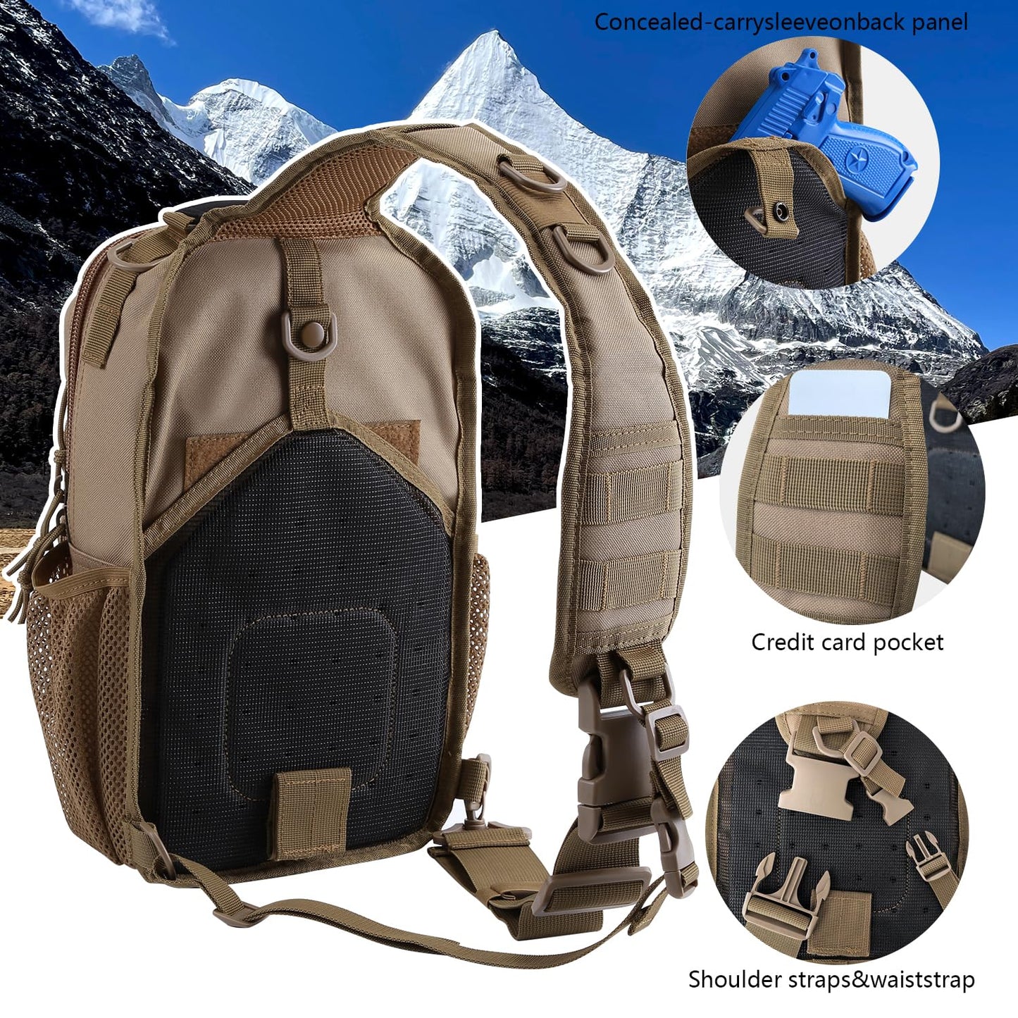 Rover Sling Pack Tactical Shoulder Sling Bag Backpack with Bottle Holder Crossbody Chest Bag, Coyote