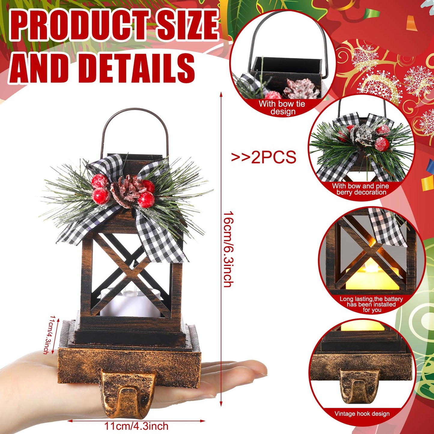 Therwen 2 Pcs Christmas Stocking Holders Lantern Christmas Stocking Hangers for Mantel Xmas Hooks Decorative Retro Light up Holders for Home Indoor Outdoor Decor(Classic,Bronze)