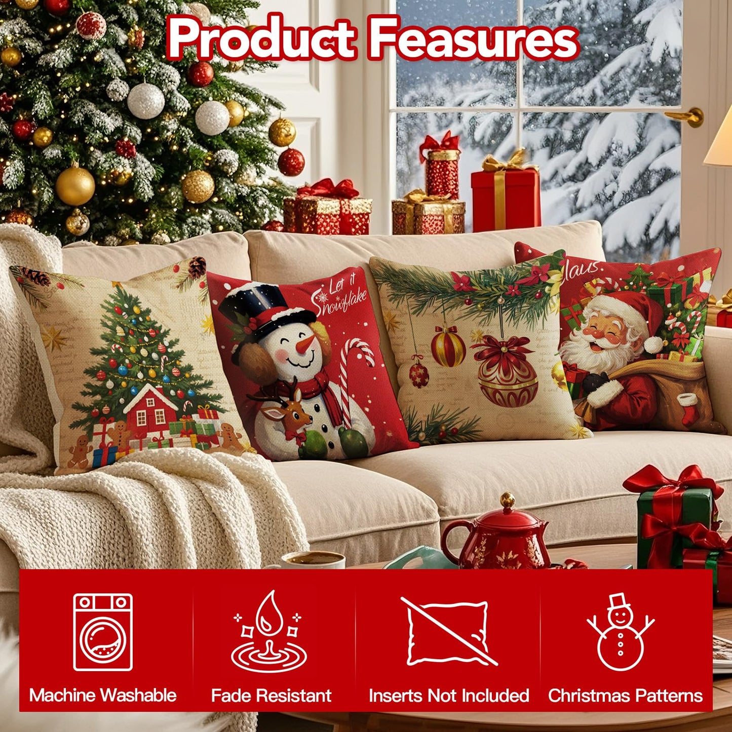 UPOFFICIS Christmas Pillow Covers 18x18 inch Set of 4, Christmas Decorations Cushion Covers, Xmas Pillow Covers, Pillowcases Throw Pillow Covers for Sofa Couch Home Decor