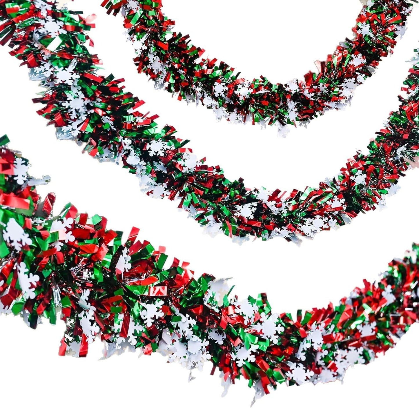 32.8Ft Christmas Snowflake Tinsel Garland, Red Silver Green with Snow Flake Chunky Glittery Holiday Hanging Tinsel Decorations for Christmas Tree (394, Inches, Christmas Snowflake Tinsel Garland)