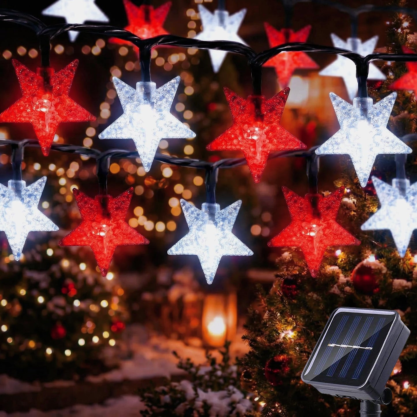 Serpouliom Christmas Stars String Lights Solar Star Twinkle Lights 23FT 50LED 8 Modes Solar Powered Fairy Decorative Light Waterproof Lights for Gardens Lawn Patio Party Decor(Red&White, 1 Pack Star)