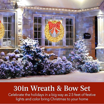 Best Choice Products 30in Pre-Lit Outdoor Christmas Wreath Decoration, LED Metal Holiday Decor for Home w/ 100 Lights, Bow - Gold/Red