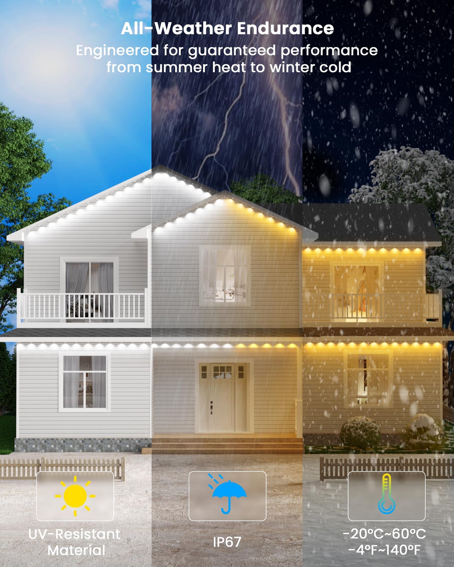 Gefolly Permanent Outdoor Lights Pro, 150ft with 90 RGBW Double-LED Lights 111 Scene Modes for Daily, Halloween, Christmas, IP67 Waterproof for Outdoor Decor, Works with Alexa, Google Assistant, White