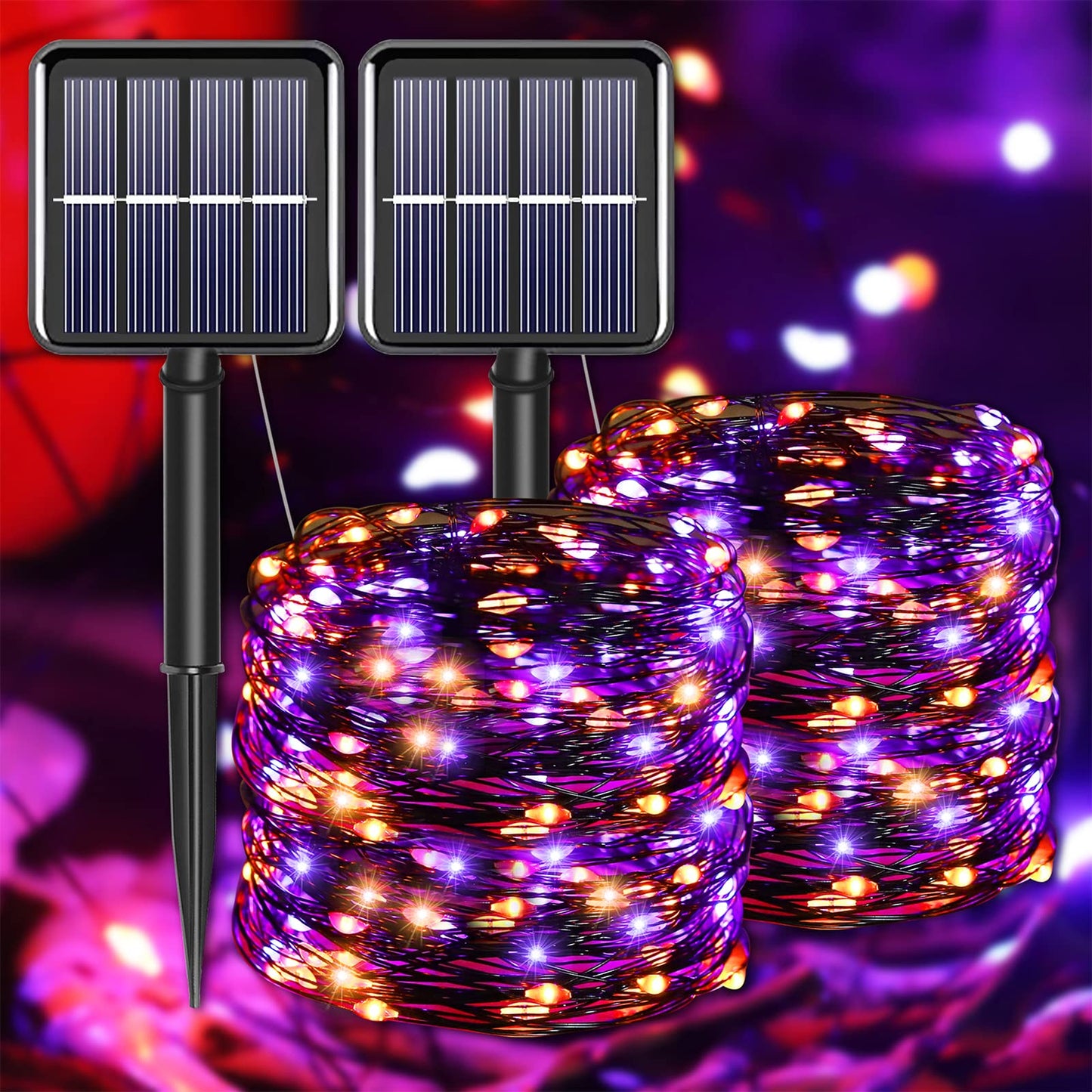 YAOZHOU Halloween Decorations Outdoor Lights, Solar String Lights Purple Orange IP67 Waterproof 2 Pack Total 200 LED 66FT 8 Modes Fairy Lights, Outside Fall Decor for Tree, Garden, Patio, Fence, Lawn