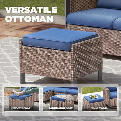 3 Pieces Patio Furniture Sofa Set-Outdoor Wicker Patio Furniture Covered Couch with Multifunctional Ottoman and High Back Outdoor Patio Conversation Set for Backyard Porch Garden Brown/Blue