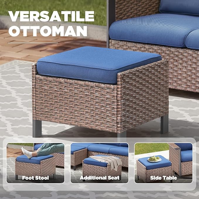 Wicker Patio Furniture Set Swivel Chairs-6 Pieces All-Weather Outdoor Patio Conversation Set with Rattan 3 Seater Sofa, Wicker Outdoor Furniture for Garden Porch Deck Backyard Brown/Blue