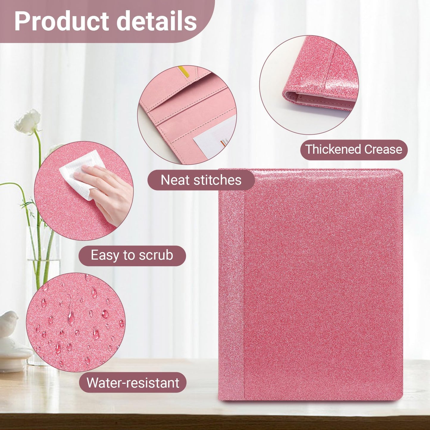 FORTAVEM Professional Portfolio Binder, Faux Leather Padfolio for Resume, Note-Taking & Meetings, A4 Letter Writing Pad Holder for Women & Men, Pink