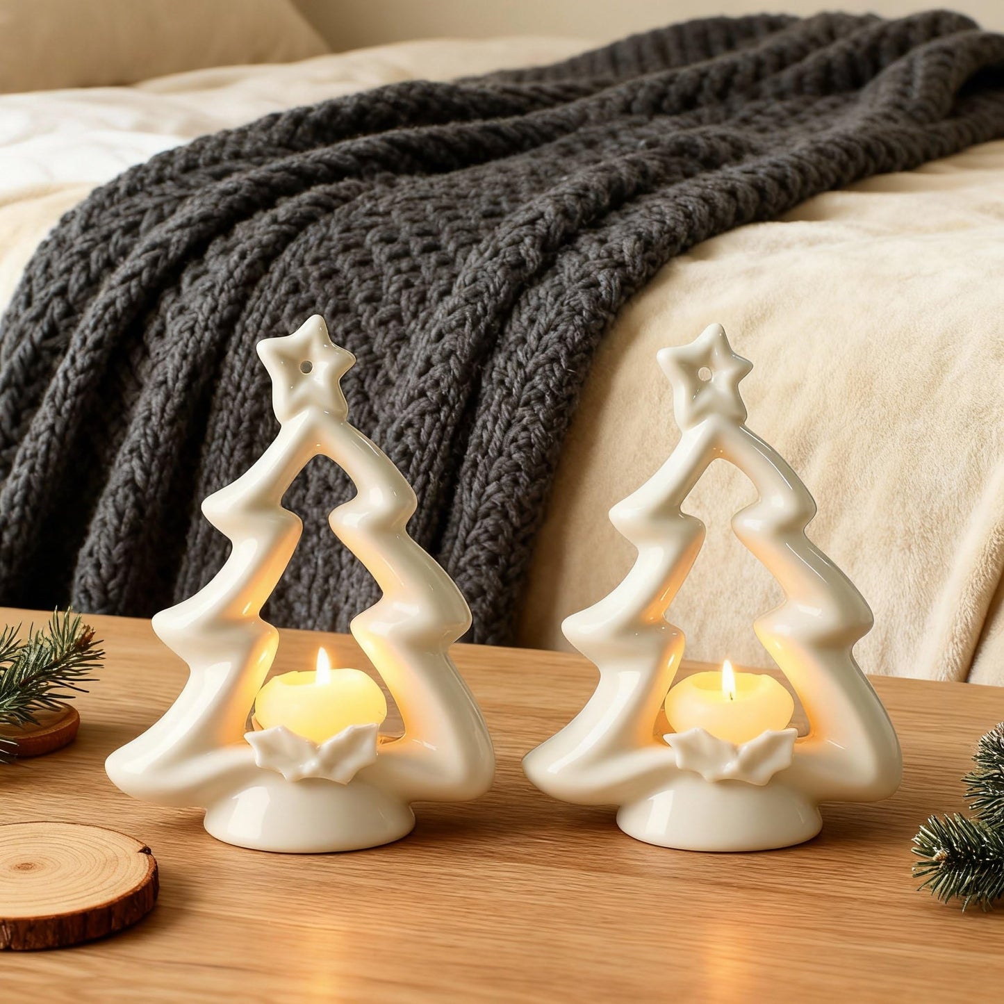 Pinkunn 2 Pcs Christmas Tree Candle Holders White Ceramic Christmas Tealight Votive Candles Holders Farmhouse Rustic Xmas Candlestick for Xmas Table Centerpiece Home Mantel Fireplace Decor