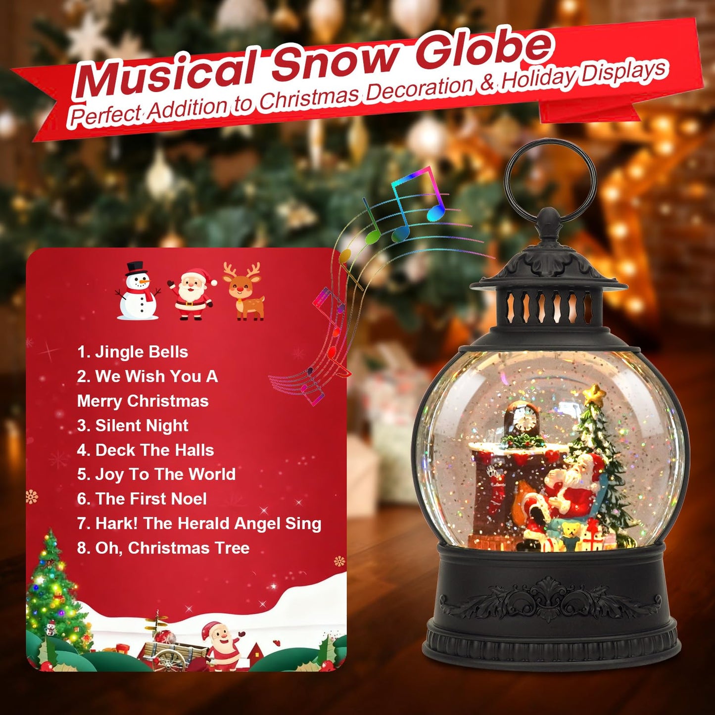Christmas Snow Globe Water Lantern with Timer and Music, USB and Battery Operated Lighted Led Globe, Santa Snowglobe Table Decorations Indoor for Adults Home Holiday (Santa)