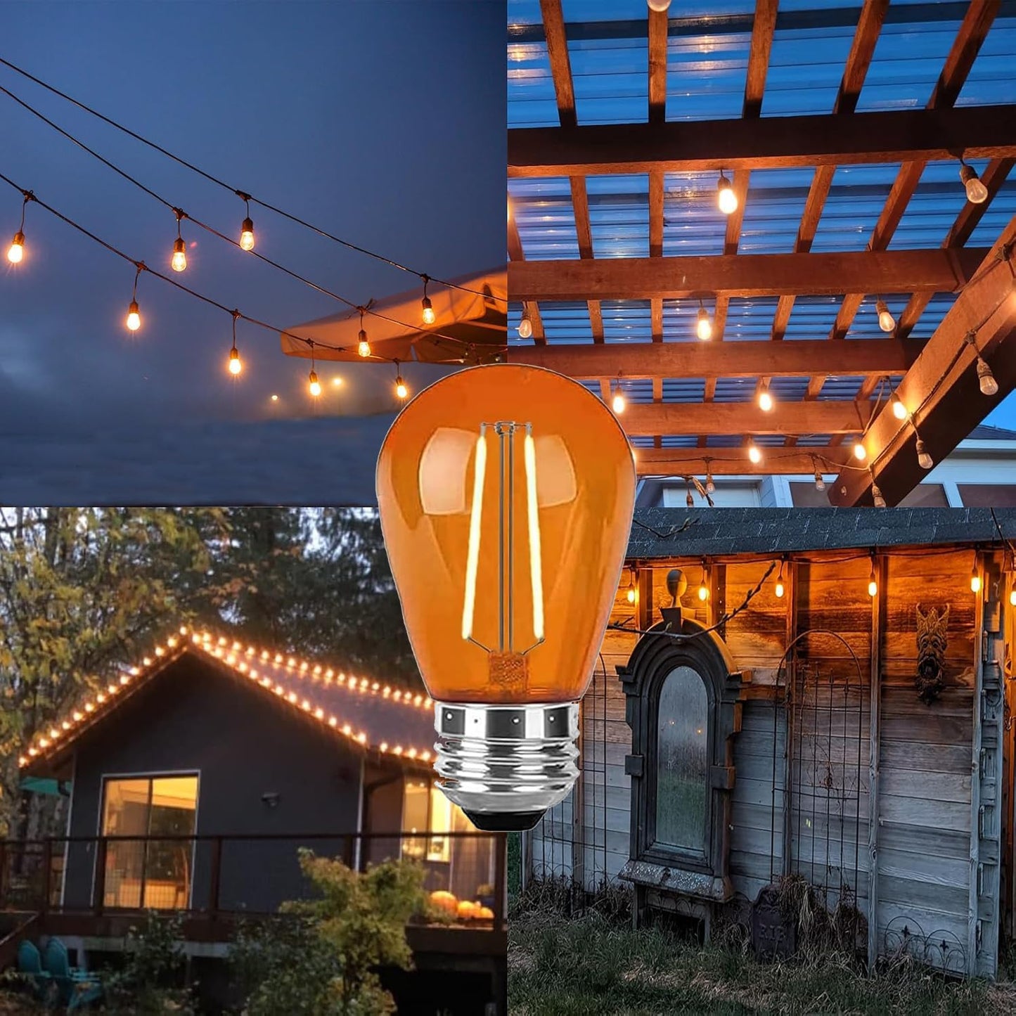 Sxminer 2W S14 LED Bulbs Orange Halloween LED Replacement Bulb Plastic Shatterproof Outdoor LED String Lights E26 Base Edison Bulb Decorative Bulb for Home Patio Christmas Wedding Party Decor,15 Pack