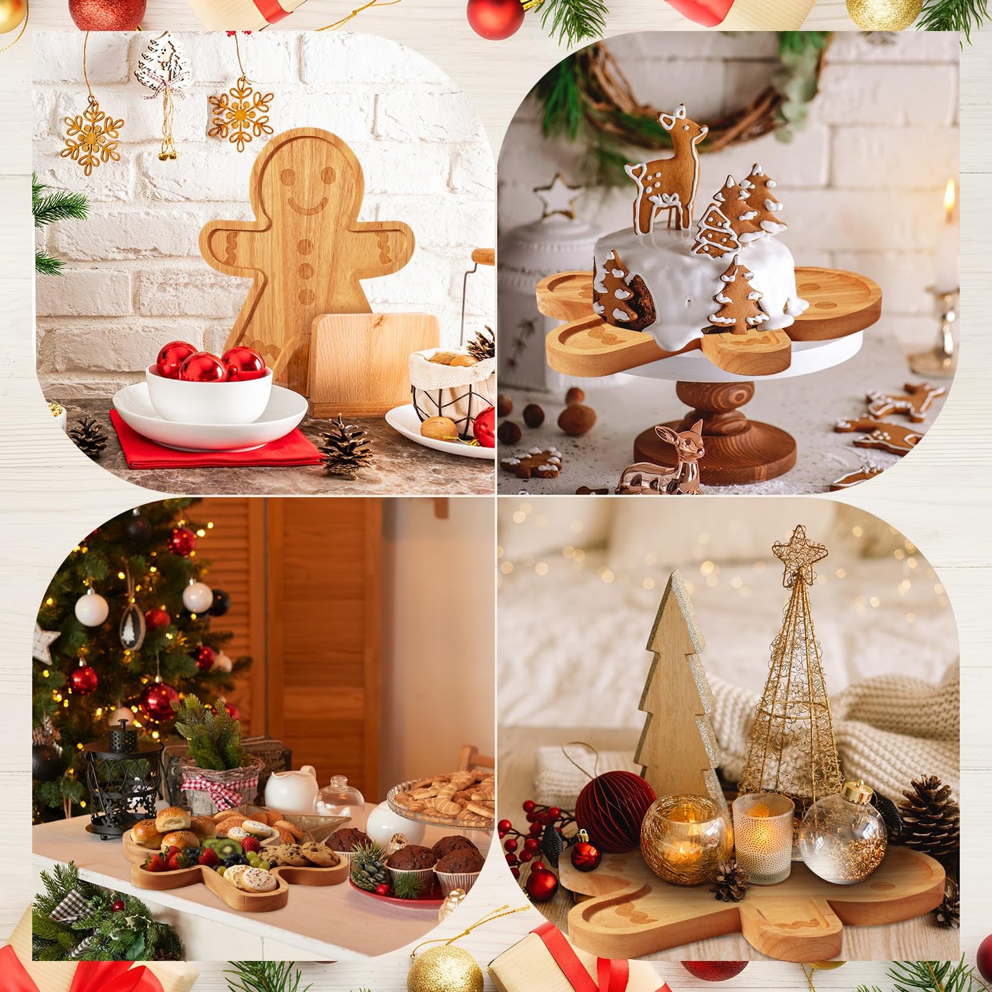 Bokon 12" Gingerbread Christmas Charcuterie Board Wooden Cutting Board Xmas Serving Platter Tray Cookie Plate for Cheese Bread Dessert Fruit, Gift for Christmas Party Holiday Decoration(Rubber Wood)