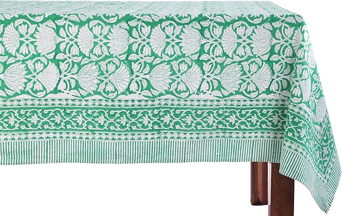 ATOSII Meadow Green 100% Cotton Rectangle Boho Summer Tablecloth, Block Print Floral Table Cloth Linen for Dining, Parties, Wedding, Outdoors Home Decor 72 X 108 Inches I 8 Seater